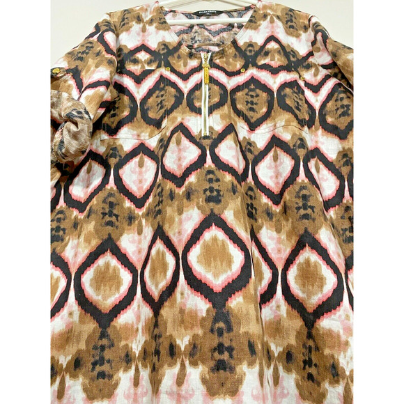 Ellen Tracy Ikat Print Linen Tunic Blouse Rollback Sleeves Pocket Women's XLARGE - Picture 7 of 10